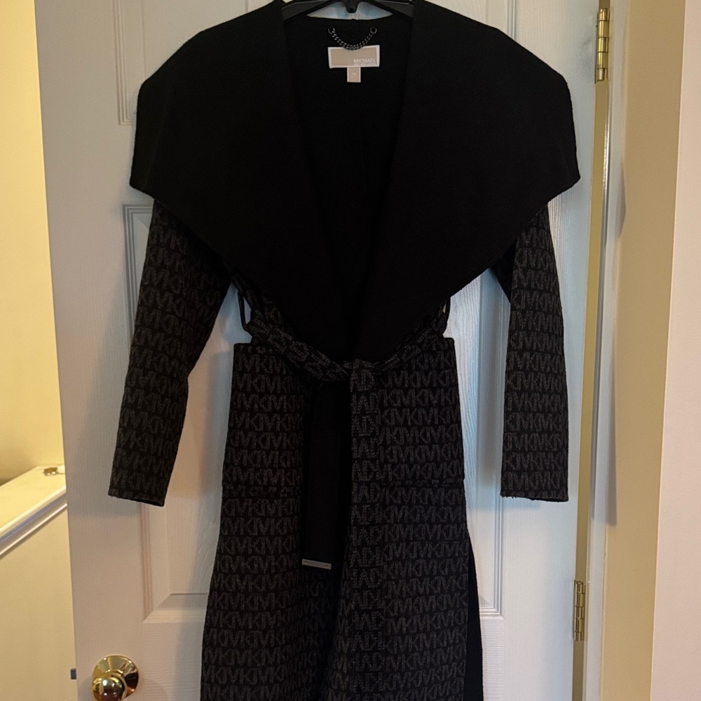 Michael Kors Black and Dark Gray MK Logo Knit Duster Cardigan